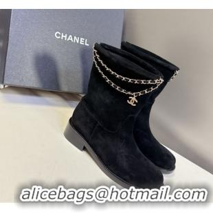 Durable Chanel Suede Flat Ankle Boots 3.5cm with Dropped Chain Black 0830006