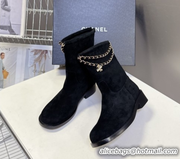 Durable Chanel Suede Flat Ankle Boots 3.5cm with Dropped Chain Black 0830006