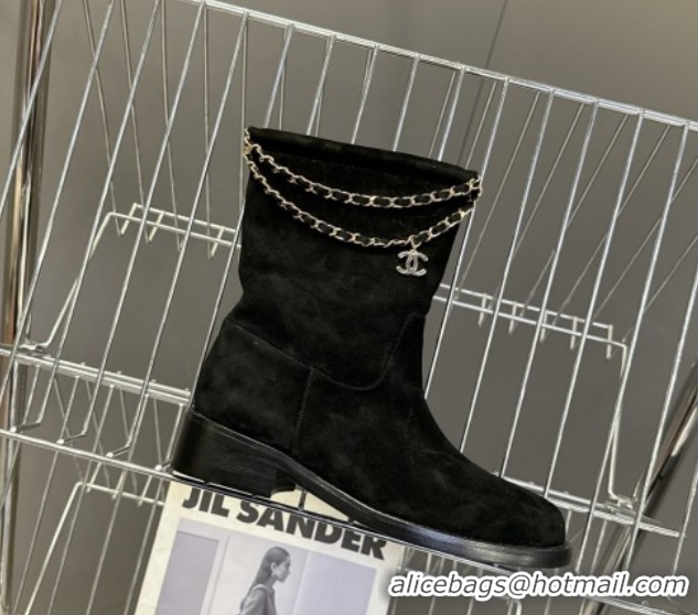 Durable Chanel Suede Flat Ankle Boots 3.5cm with Dropped Chain Black 0830006