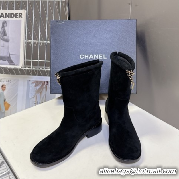 Durable Chanel Suede Flat Ankle Boots 3.5cm with Dropped Chain Black 0830006