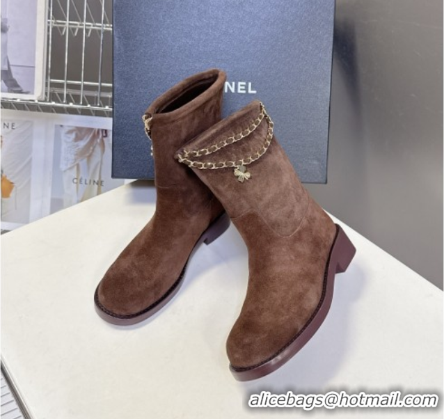 Purchase Chanel Suede Flat Ankle Boots 3.5cm with Dropped Chain Dark Brown 2025 CH083001 0830007