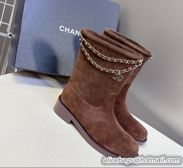 Purchase Chanel Suede Flat Ankle Boots 3.5cm with Dropped Chain Dark Brown 2025 CH083001 0830007