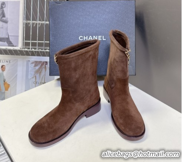 Purchase Chanel Suede Flat Ankle Boots 3.5cm with Dropped Chain Dark Brown 2025 CH083001 0830007