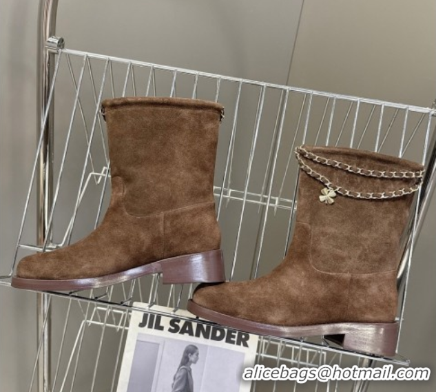 Purchase Chanel Suede Flat Ankle Boots 3.5cm with Dropped Chain Dark Brown 2025 CH083001 0830007