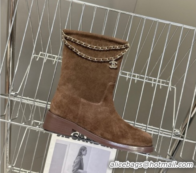 Purchase Chanel Suede Flat Ankle Boots 3.5cm with Dropped Chain Dark Brown 2025 CH083001 0830007