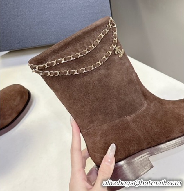 Purchase Chanel Suede Flat Ankle Boots 3.5cm with Dropped Chain Dark Brown 2025 CH083001 0830007