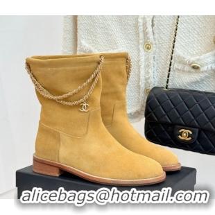 Perfect Chanel Suede Flat Ankle Boots 3.5cm with Dropped Chain Yellow CH083001 0830008