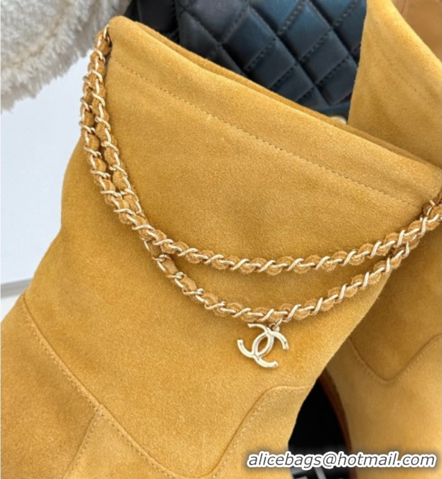 Perfect Chanel Suede Flat Ankle Boots 3.5cm with Dropped Chain Yellow CH083001 0830008