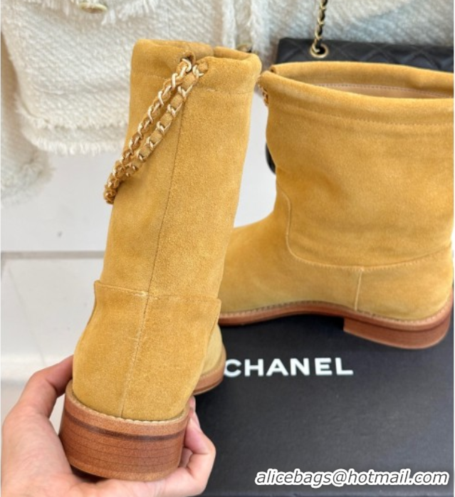 Perfect Chanel Suede Flat Ankle Boots 3.5cm with Dropped Chain Yellow CH083001 0830008