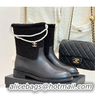 Low Price Chanel Tweed & Calfskin Flat Ankle Boots 3.5cm with Dropped Pearls Black 2025 CH083001 0830009