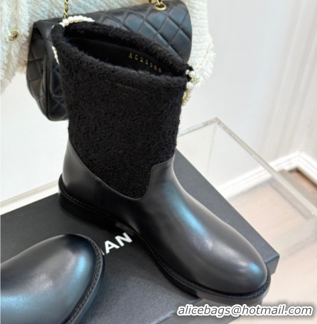 Low Price Chanel Tweed & Calfskin Flat Ankle Boots 3.5cm with Dropped Pearls Black 2025 CH083001 0830009