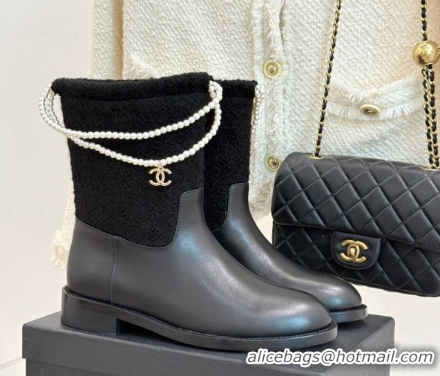 Low Price Chanel Tweed & Calfskin Flat Ankle Boots 3.5cm with Dropped Pearls Black 2025 CH083001 0830009