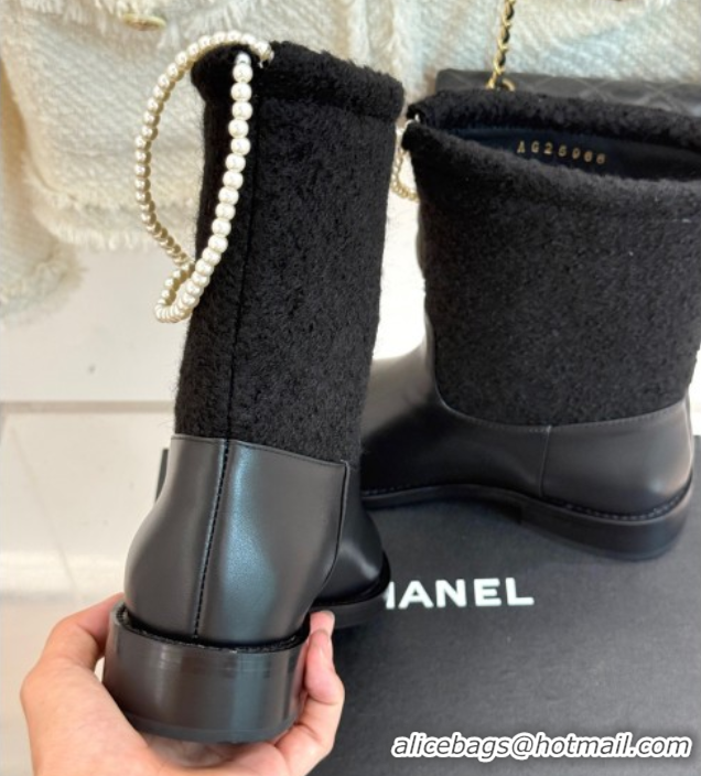 Low Price Chanel Tweed & Calfskin Flat Ankle Boots 3.5cm with Dropped Pearls Black 2025 CH083001 0830009