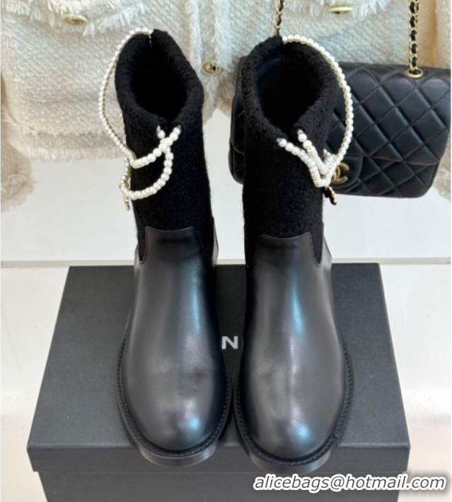 Low Price Chanel Tweed & Calfskin Flat Ankle Boots 3.5cm with Dropped Pearls Black 2025 CH083001 0830009