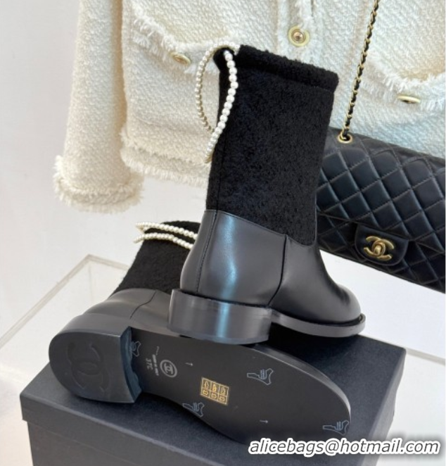 Low Price Chanel Tweed & Calfskin Flat Ankle Boots 3.5cm with Dropped Pearls Black 2025 CH083001 0830009