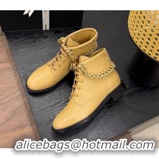 Popular Style Chanel Calfskin Leather Flat Laced-up Ankle Boots with Chain Yellow 2025 CH083002 0830011