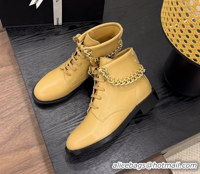 Popular Style Chanel Calfskin Leather Flat Laced-up Ankle Boots with Chain Yellow 2025 CH083002 0830011