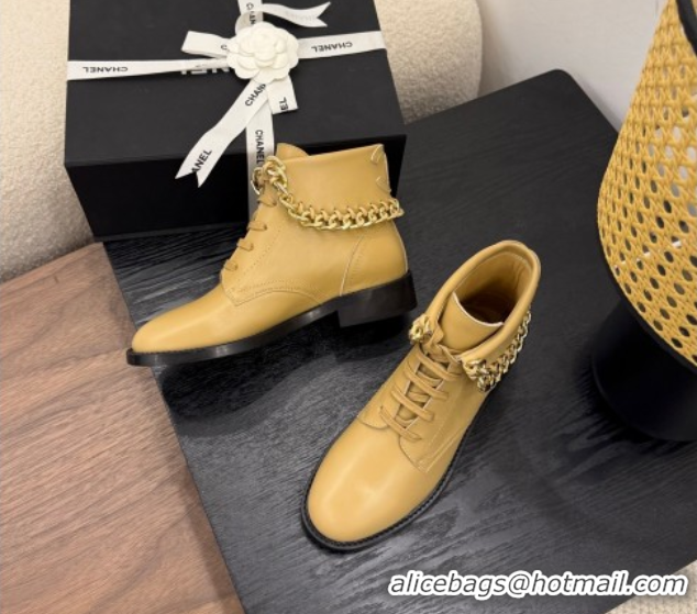 Popular Style Chanel Calfskin Leather Flat Laced-up Ankle Boots with Chain Yellow 2025 CH083002 0830011