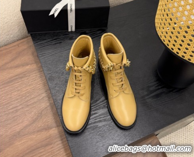 Popular Style Chanel Calfskin Leather Flat Laced-up Ankle Boots with Chain Yellow 2025 CH083002 0830011