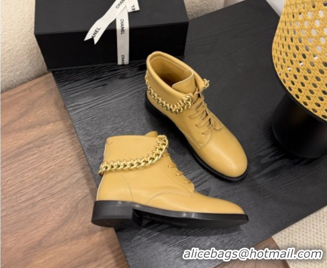 Popular Style Chanel Calfskin Leather Flat Laced-up Ankle Boots with Chain Yellow 2025 CH083002 0830011