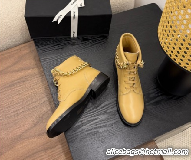 Popular Style Chanel Calfskin Leather Flat Laced-up Ankle Boots with Chain Yellow 2025 CH083002 0830011