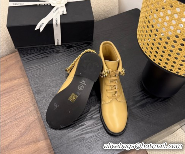 Popular Style Chanel Calfskin Leather Flat Laced-up Ankle Boots with Chain Yellow 2025 CH083002 0830011