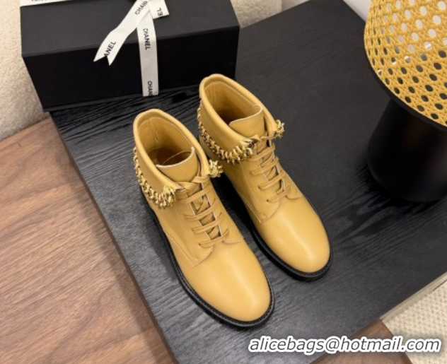 Popular Style Chanel Calfskin Leather Flat Laced-up Ankle Boots with Chain Yellow 2025 CH083002 0830011