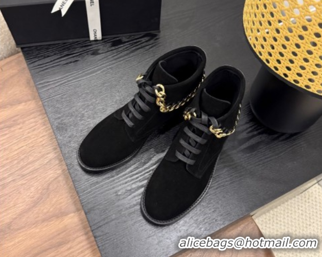 Most Popular Chanel Suede Flat Laced-up Ankle Boots with Chain Black 0830012