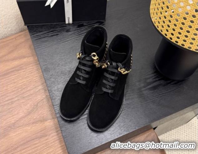 Most Popular Chanel Suede Flat Laced-up Ankle Boots with Chain Black 0830012