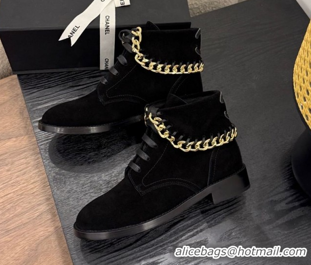 Most Popular Chanel Suede Flat Laced-up Ankle Boots with Chain Black 0830012