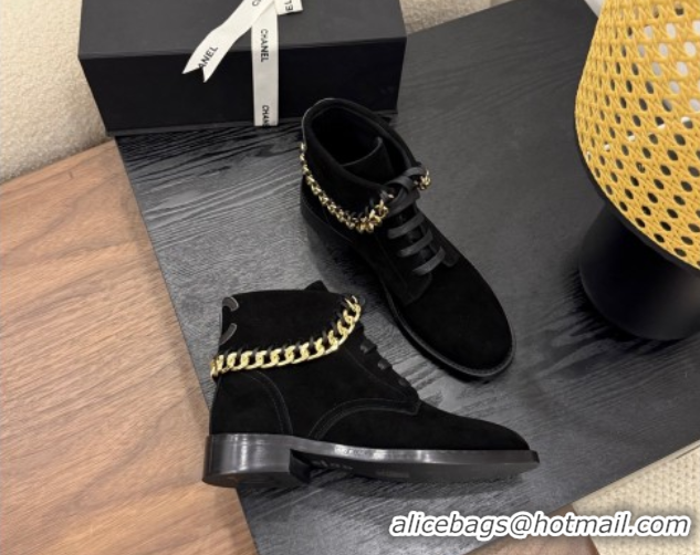 Most Popular Chanel Suede Flat Laced-up Ankle Boots with Chain Black 0830012