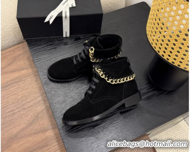 Most Popular Chanel Suede Flat Laced-up Ankle Boots with Chain Black 0830012