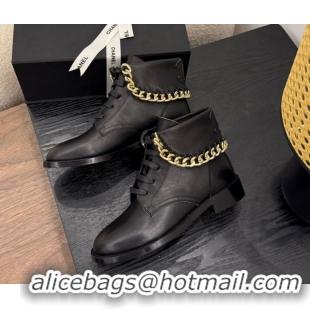 Discount Chanel Calfskin Leather Flat Laced-up Ankle Boots with Chain Black 0830013