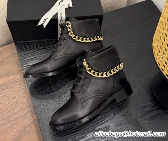 Discount Chanel Calfskin Leather Flat Laced-up Ankle Boots with Chain Black 0830013