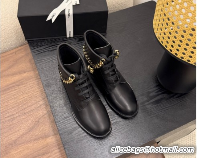 Discount Chanel Calfskin Leather Flat Laced-up Ankle Boots with Chain Black 0830013