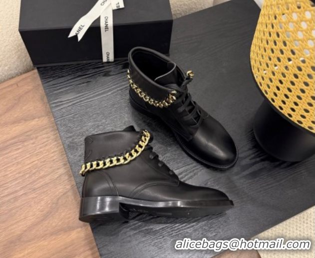 Discount Chanel Calfskin Leather Flat Laced-up Ankle Boots with Chain Black 0830013