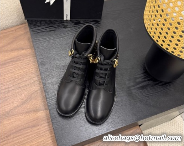 Discount Chanel Calfskin Leather Flat Laced-up Ankle Boots with Chain Black 0830013