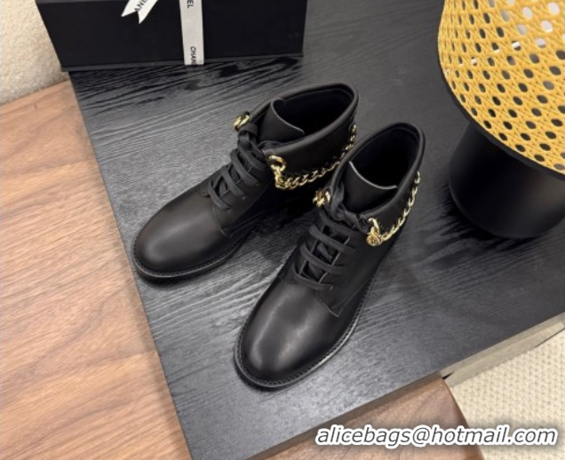 Discount Chanel Calfskin Leather Flat Laced-up Ankle Boots with Chain Black 0830013