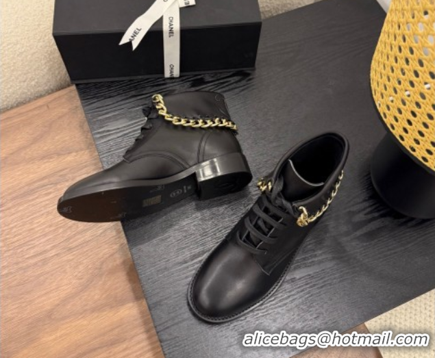 Discount Chanel Calfskin Leather Flat Laced-up Ankle Boots with Chain Black 0830013