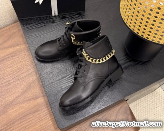 Discount Chanel Calfskin Leather Flat Laced-up Ankle Boots with Chain Black 0830013