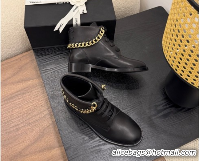 Discount Chanel Calfskin Leather Flat Laced-up Ankle Boots with Chain Black 0830013