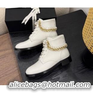 Best Product Chanel Calfskin Leather Flat Laced-up Ankle Boots with Chain White 0830014