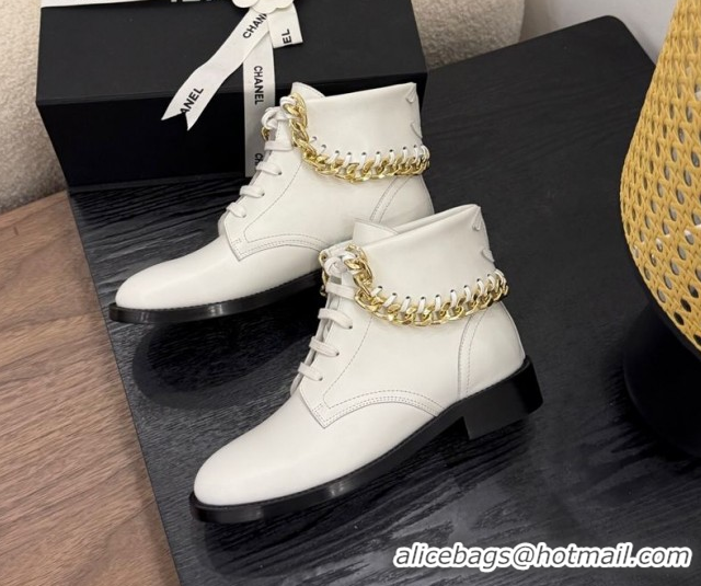 Best Product Chanel Calfskin Leather Flat Laced-up Ankle Boots with Chain White 0830014