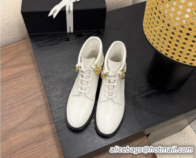 Best Product Chanel Calfskin Leather Flat Laced-up Ankle Boots with Chain White 0830014