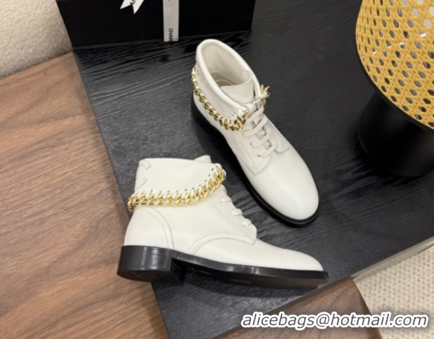 Best Product Chanel Calfskin Leather Flat Laced-up Ankle Boots with Chain White 0830014