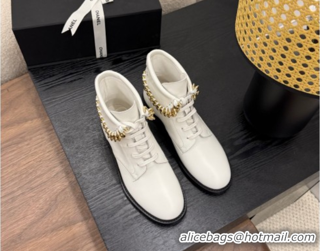 Best Product Chanel Calfskin Leather Flat Laced-up Ankle Boots with Chain White 0830014