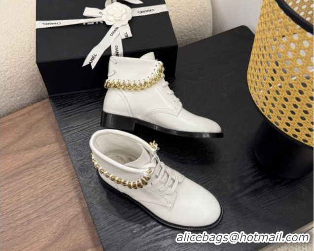 Best Product Chanel Calfskin Leather Flat Laced-up Ankle Boots with Chain White 0830014