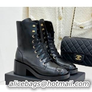 Shop Duplicate Chanel Patent & Calfskin Leather Heel Laced-up Ankle Boots 5cm Black 0830015