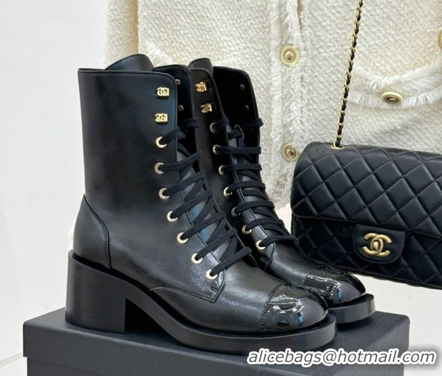 Shop Duplicate Chanel Patent & Calfskin Leather Heel Laced-up Ankle Boots 5cm Black 0830015