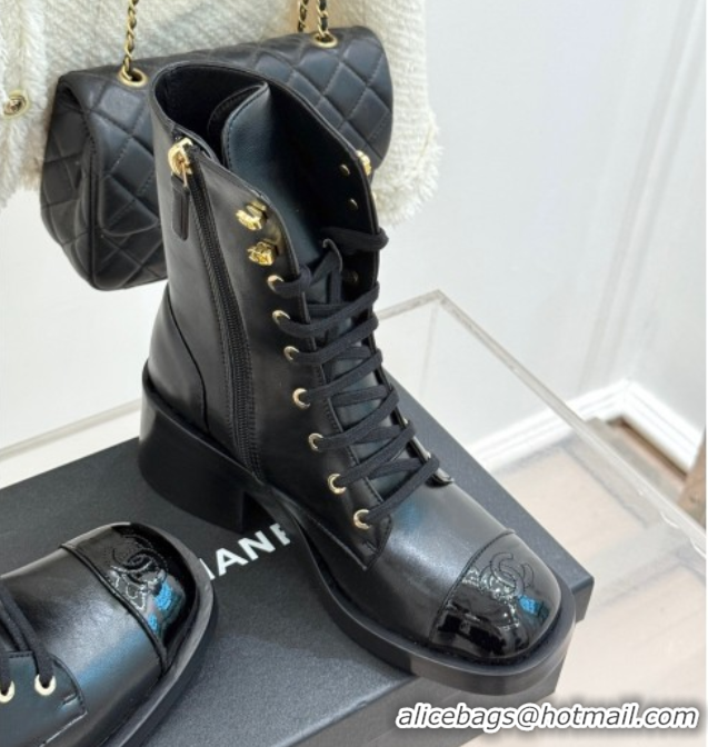 Shop Duplicate Chanel Patent & Calfskin Leather Heel Laced-up Ankle Boots 5cm Black 0830015